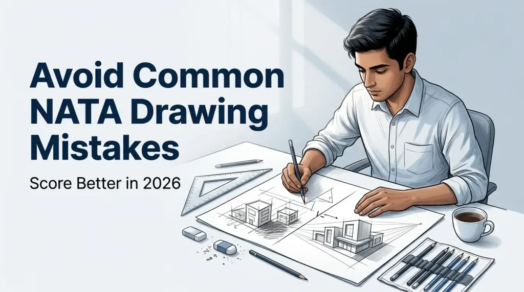 Student sketching architectural drawing showing common NATA drawing mistakes and preparation for 2026 exam