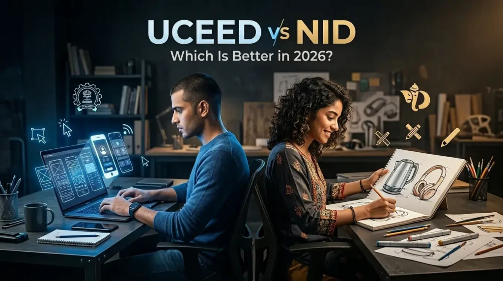Students comparing UCEED vs NID exams, one working on digital design and the other sketching product designs in a creative workspace.