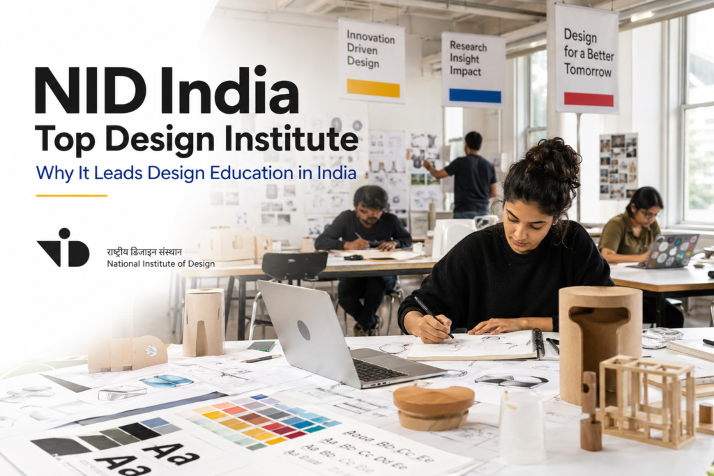 Students working on product design sketches, prototypes, and UI concepts in a modern design studio inspired by NID India
