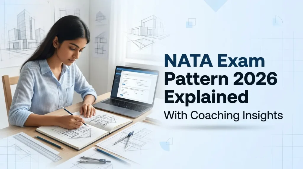 Student practicing architectural drawing with laptop showing NATA exam pattern 2026 and coaching insights for architecture entrance preparation