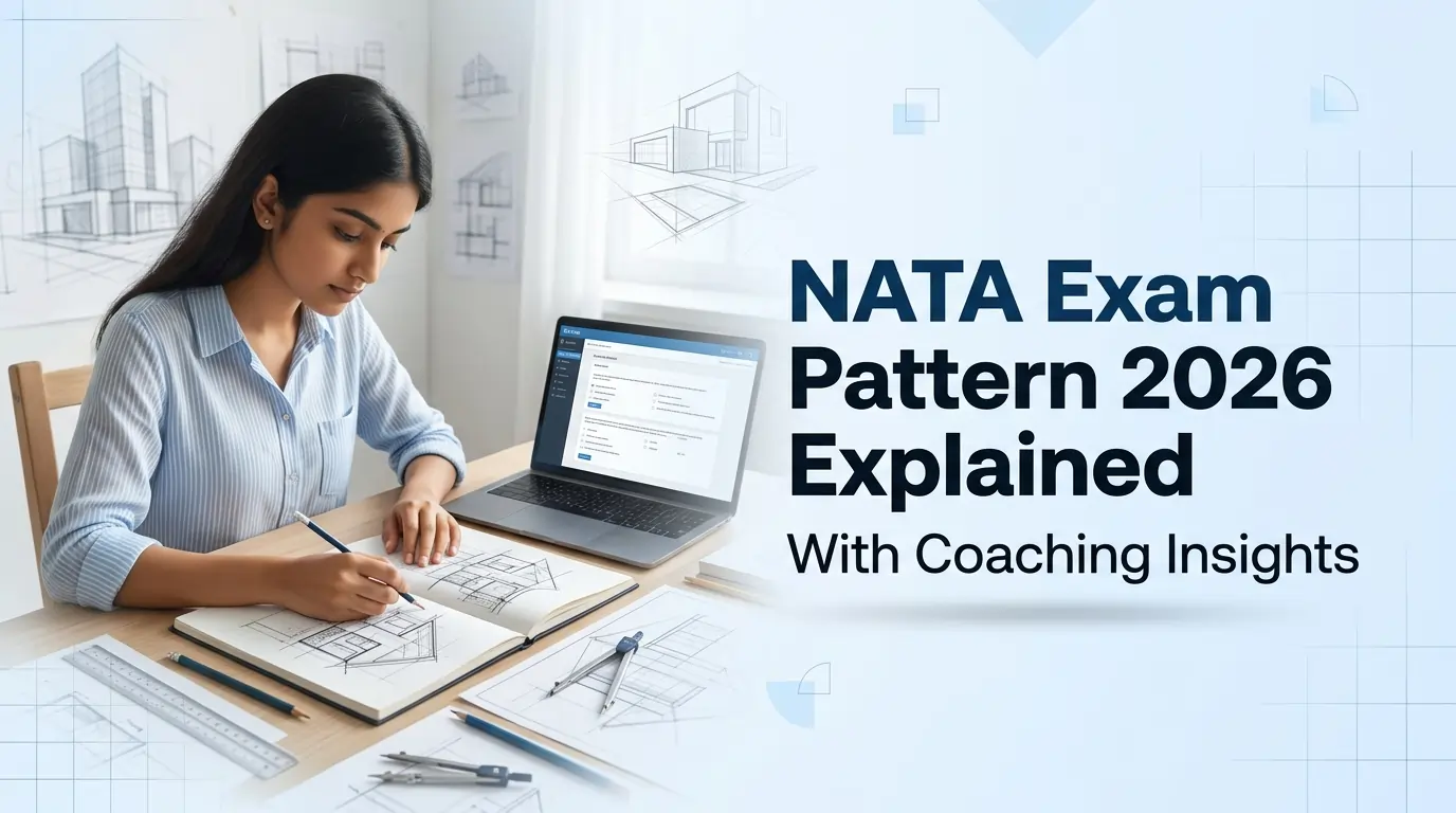 Student practicing architectural drawing with laptop showing NATA exam pattern 2026 and coaching insights for architecture entrance preparation