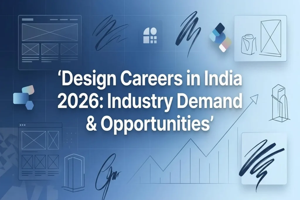 Illustration showing design career growth in India 2026 with UI elements, graphs, and creative design icons representing industry demand and opportunities.