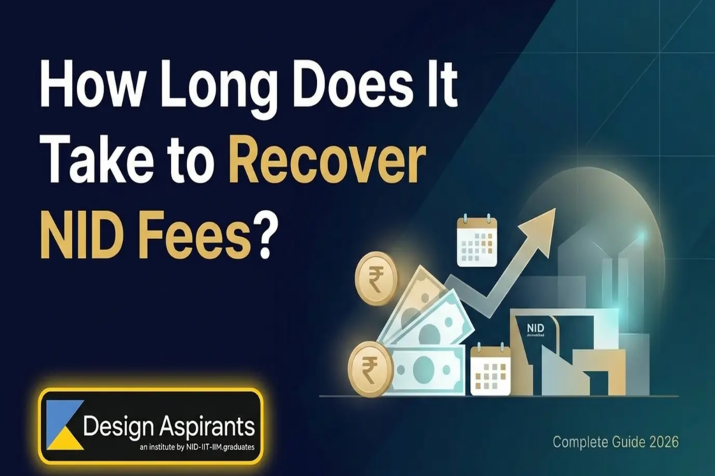 Illustration showing money, calendar icons, and growth graph explaining how long it takes to recover NID fees with Design Aspirants branding