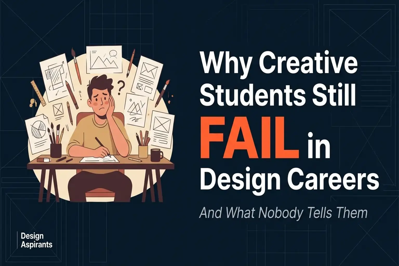 Why creative students fail in design careers — confused design student surrounded by sketches and drawing tools, Design Aspirants blog banner