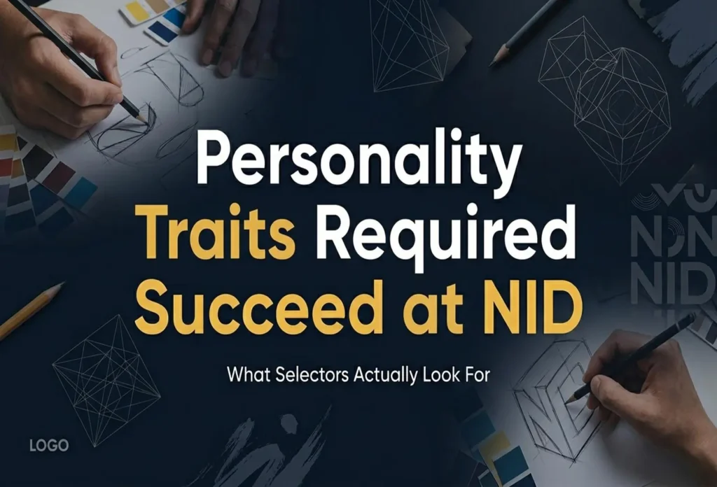 Personality traits required to succeed at NID with students sketching designs and creative tools in a modern workspace