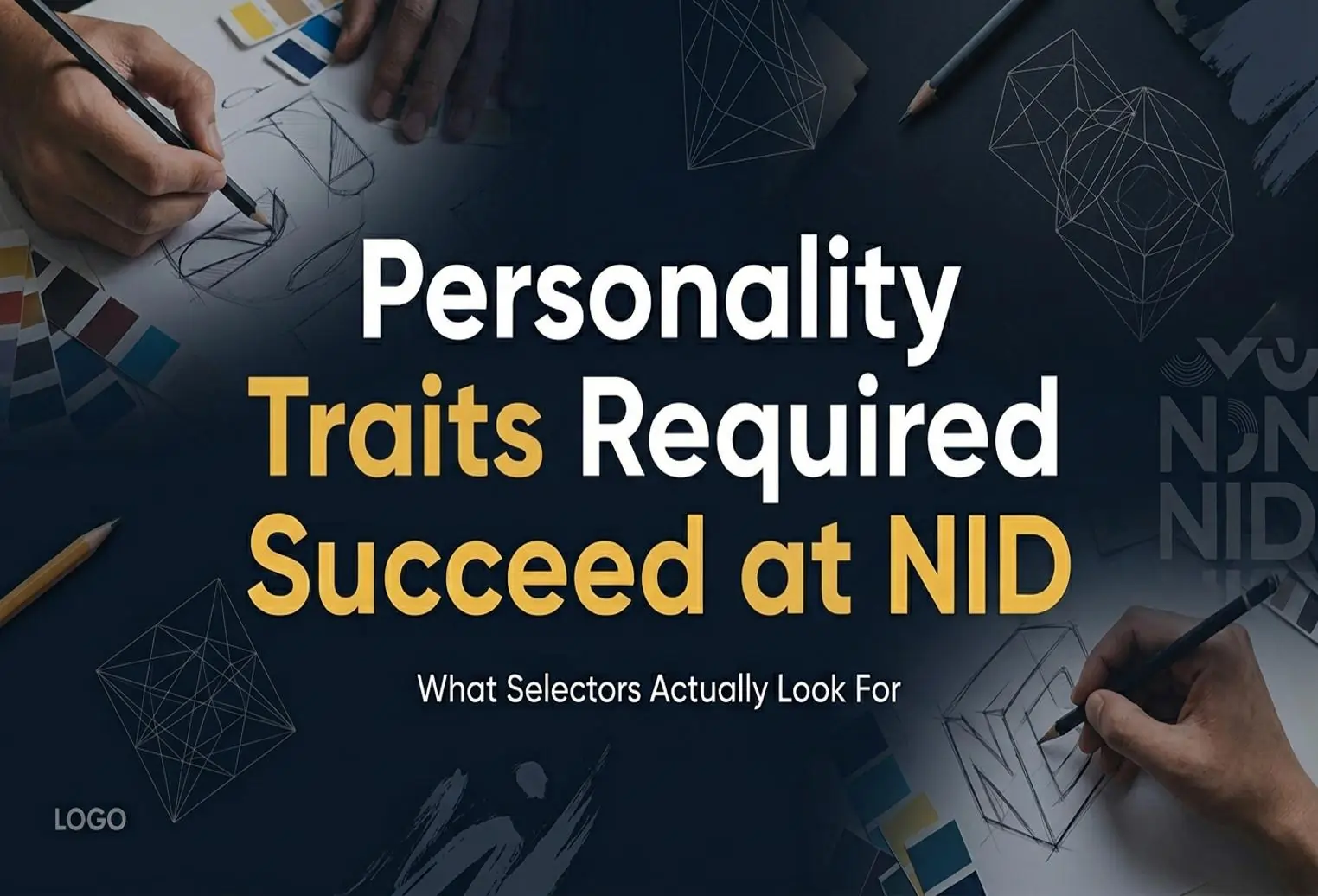Personality traits required to succeed at NID with students sketching designs and creative tools in a modern workspace
