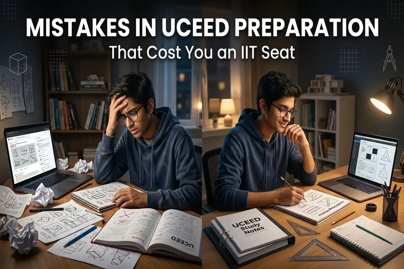 Student making mistakes in UCEED preparation vs focused UCEED study with design sketches and notes