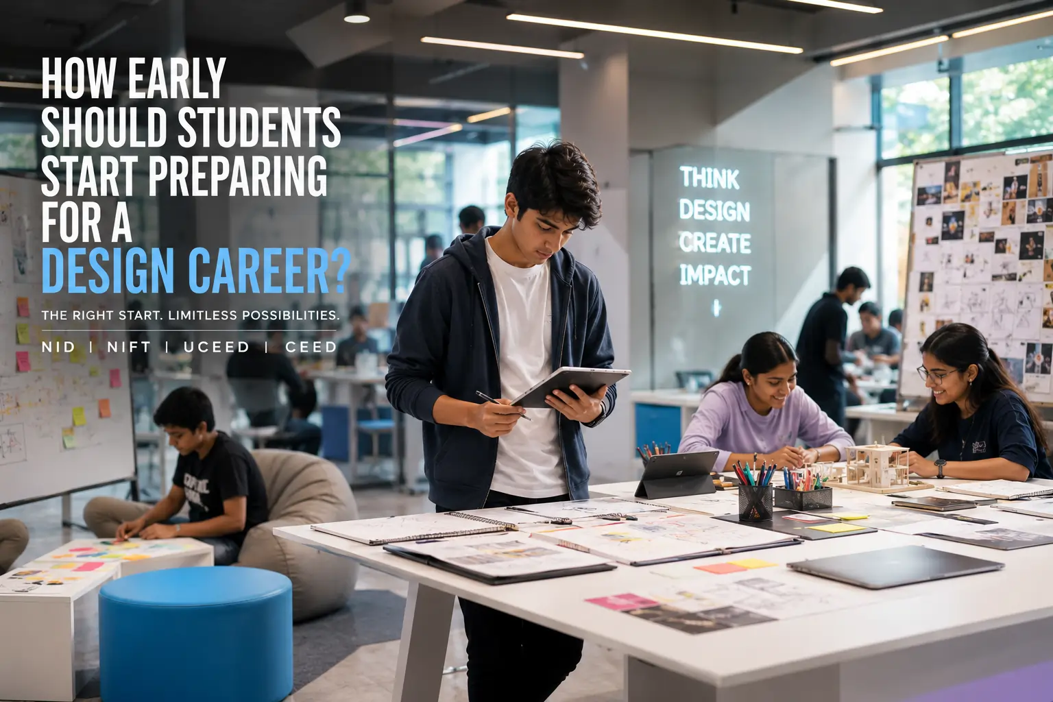 Students learning creative design skills in a modern studio while preparing for NID, NIFT, and UCEED — how to start a design career as a student