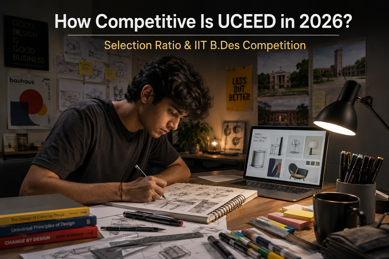 Student preparing for UCEED exam while studying design sketches and IIT B.Des concepts, representing the UCEED selection ratio and competition in 2026.