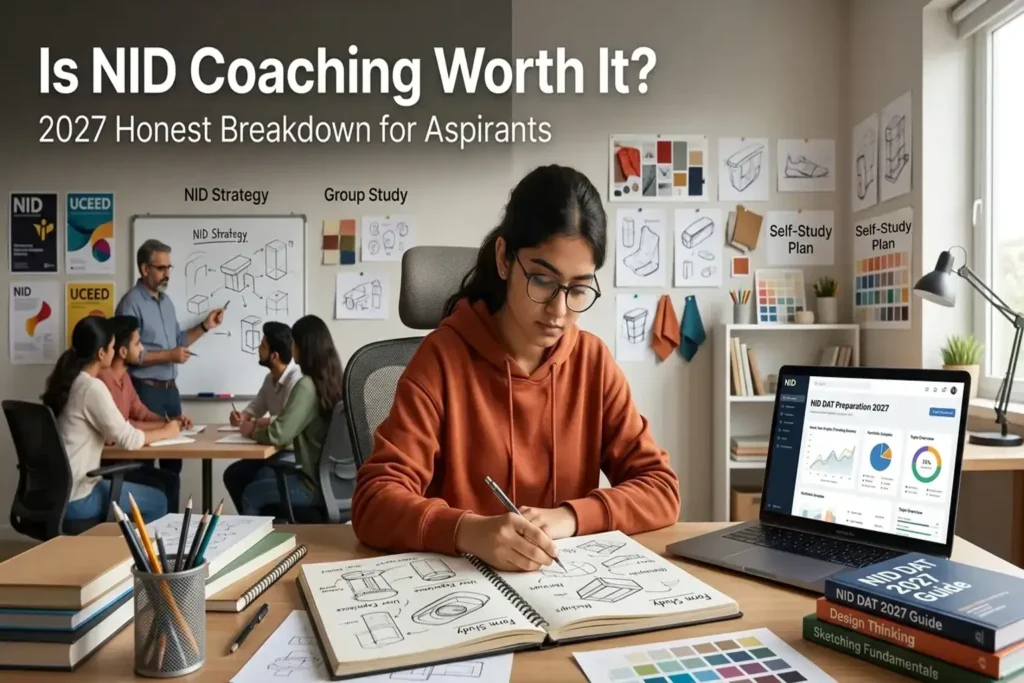 Is NID Coaching Worth It – student sketching design concepts with coaching class and self-study setup for NID DAT preparation