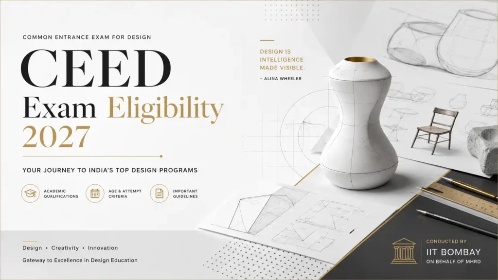 CEED Exams 2027 eligibility guide featuring a premium design workspace with product design sketches, architectural drafting tools, a ceramic vase prototype, and creative design elements. Informational graphic about CEED Exams eligibility, academic qualifications, age criteria, and exam guidelines conducted by IIT Bombay.