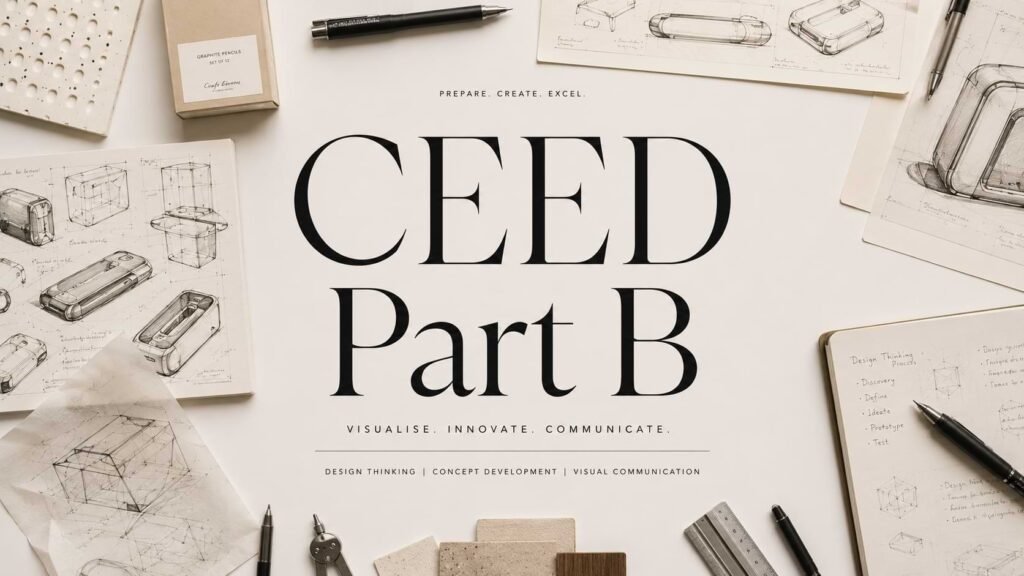 CEED Part B preparation banner featuring premium design sketches, creativity exercises, industrial design concepts, drafting tools, and elegant typography on a luxury editorial-style background.