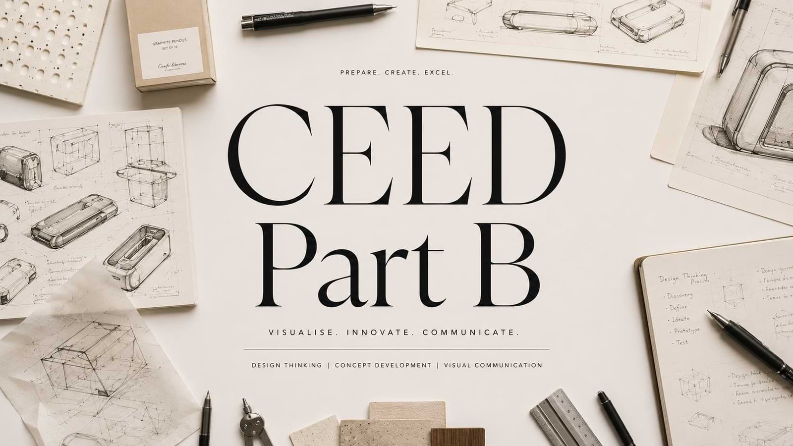 CEED Part B preparation banner featuring premium design sketches, creativity exercises, industrial design concepts, drafting tools, and elegant typography on a luxury editorial-style background.