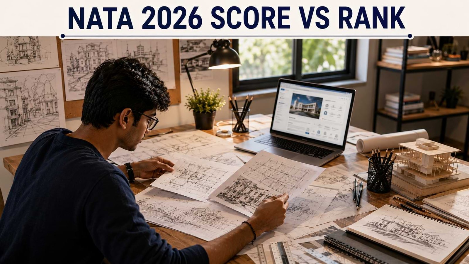 NATA 2026 Score vs Rank architecture admission planning workspace featuring an architecture student analyzing architectural drawings, blueprints, design sketches, drafting tools, and college preparation materials at a professional study desk.