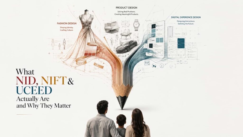 Design entrance exams for students in India featuring NID, NIFT, and UCEED career pathways in fashion design, product design, and digital experience design with parents guiding a student toward creative careers.