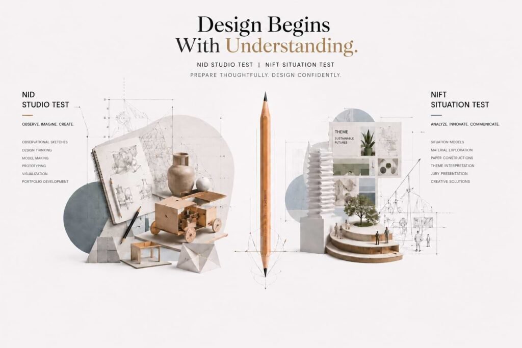 NID Studio Test vs NIFT Situation Test comparison illustration showing a minimalist design workspace with observational sketches, model making, design thinking exercises, portfolio development, paper constructions, material exploration, and creative presentation models used for NID and NIFT entrance exam preparation.