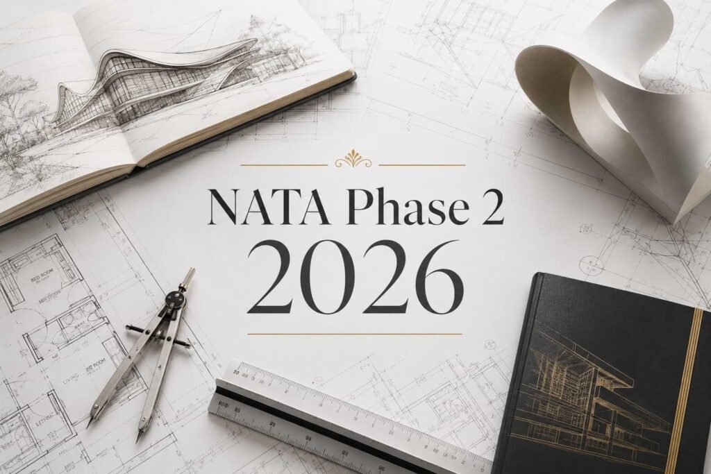 NATA Phase 2 2026 architecture entrance exam editorial graphic featuring architectural blueprints, drafting tools, floor plans, design sketches, and August 2026 admission planning concept for B.Arch aspirants.