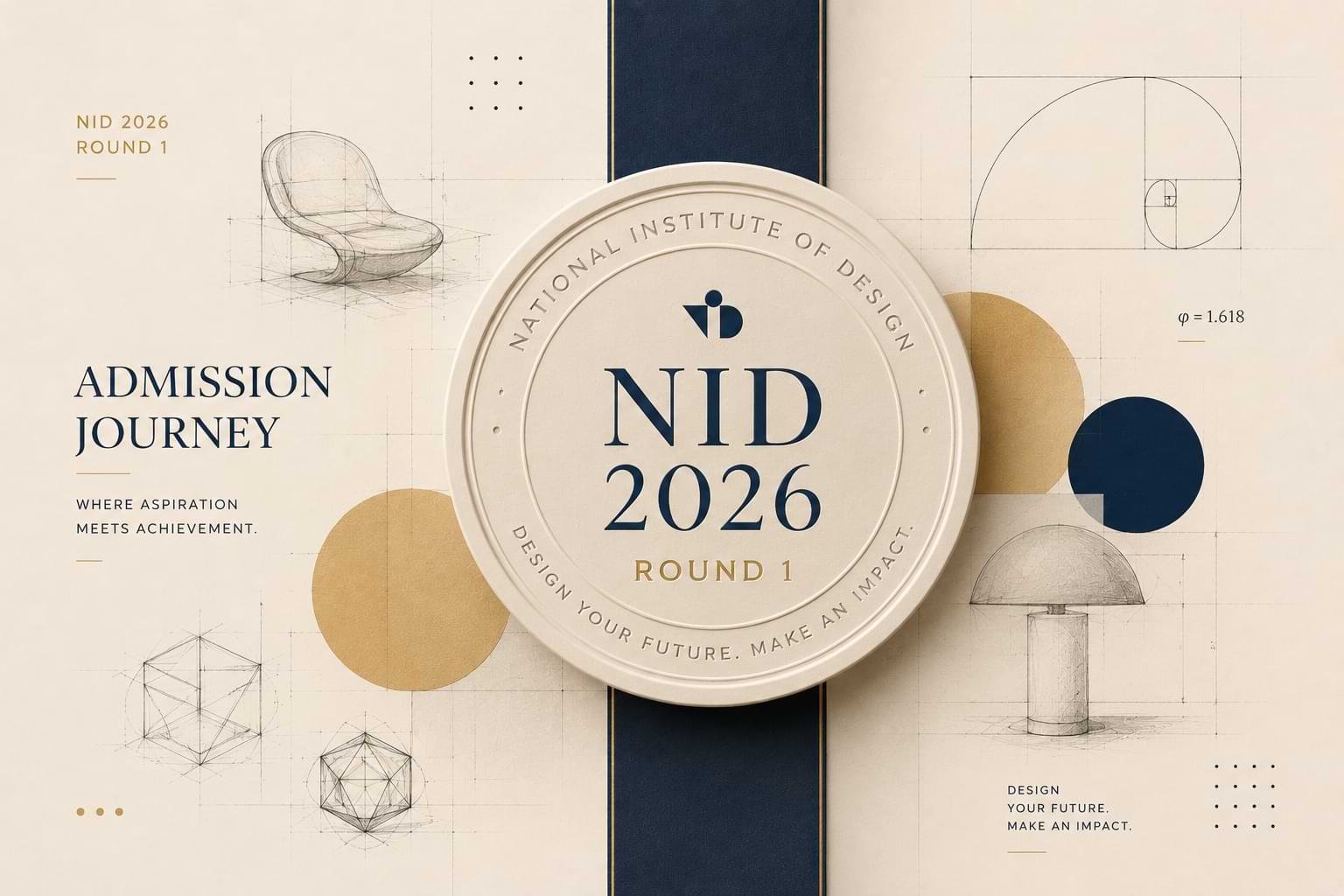 NID 2026 Round 1 Seat Allotment announcement design featuring a premium admission seal, NID 2026 branding, architectural sketches, golden ratio elements, geometric design concepts, and an elegant ivory, navy, and gold educational editorial layout representing the design admission journey.