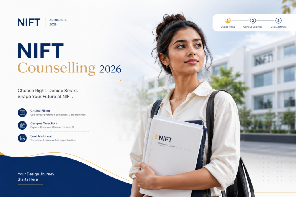 NIFT Counselling 2026 admission process showing a student with study documents, choice filling, campus selection, and seat allotment steps.