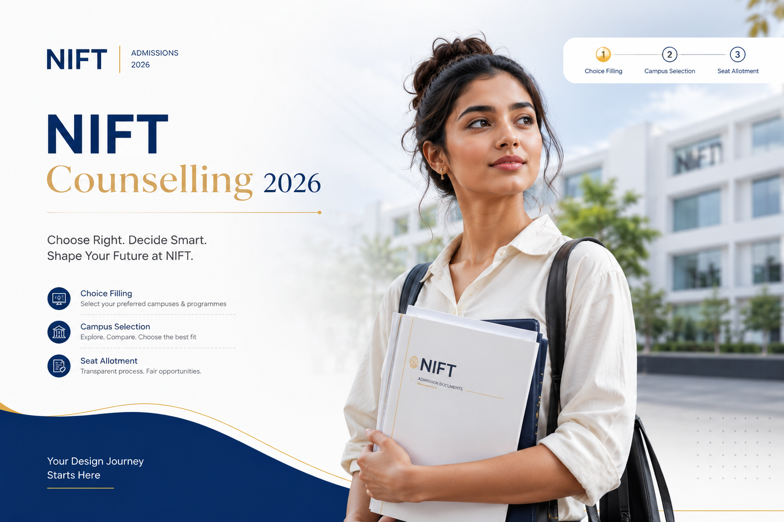 NIFT Counselling 2026 admission process showing a student with study documents, choice filling, campus selection, and seat allotment steps.