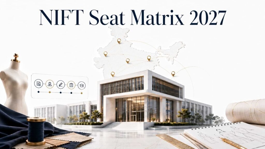 Premium illustration of NIFT Seat Matrix 2027 featuring a modern fashion institute campus, India campus map, abstract seat allocation panels, and admission workflow for NIFT counselling.