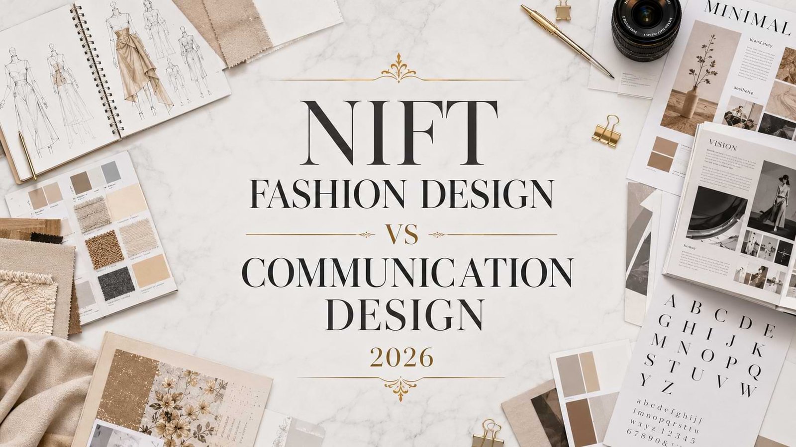 NIFT Fashion Design vs Communication Design comparison featuring fashion sketches, textile samples, branding boards, typography layouts, and creative design tools on a luxury white workspace for NIFT aspirants.