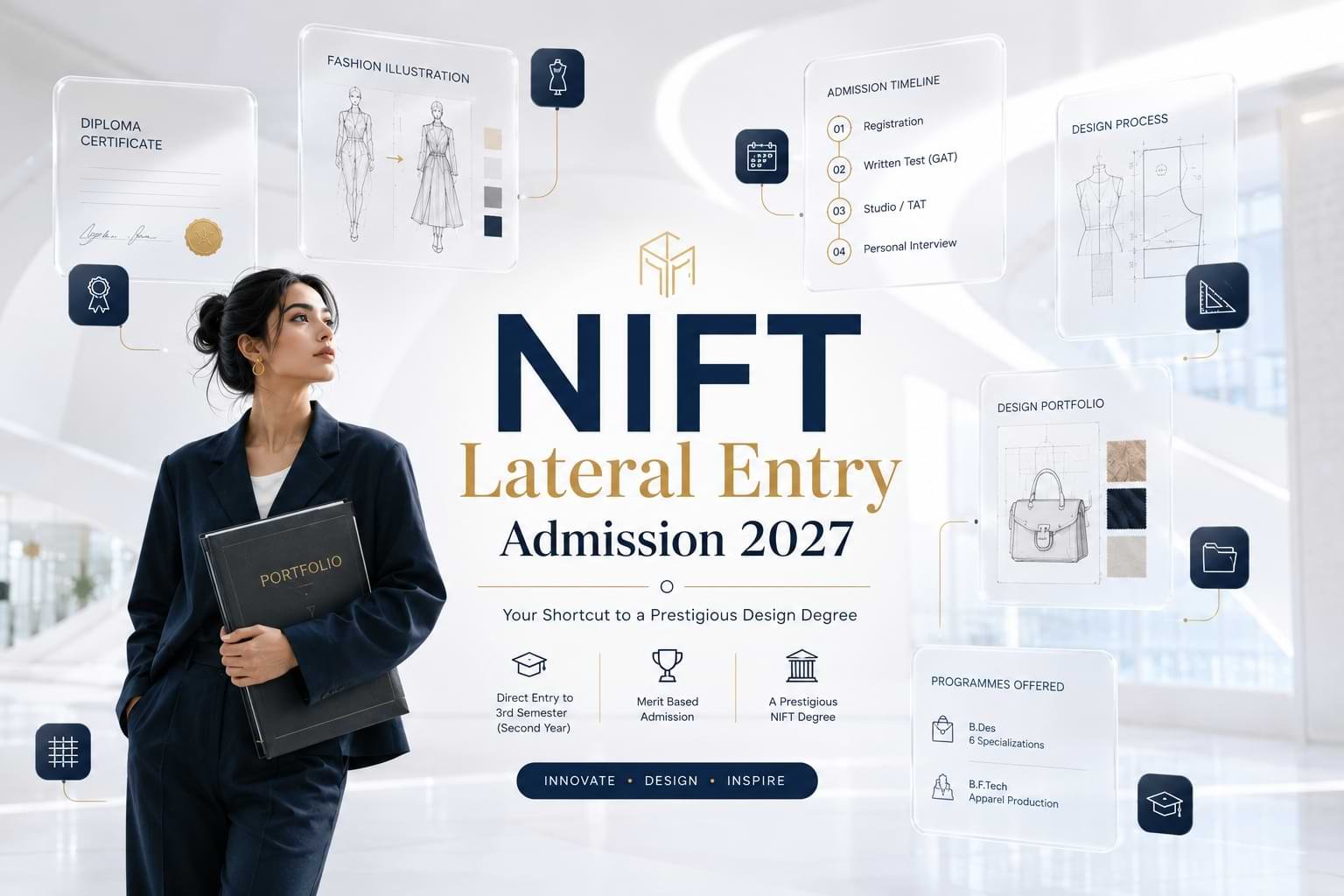 NIFT Lateral Entry Admission 2027 featured image showing a fashion student with portfolio, diploma certificate, fashion sketches, and admission process for B.Des and B.F.Tech.