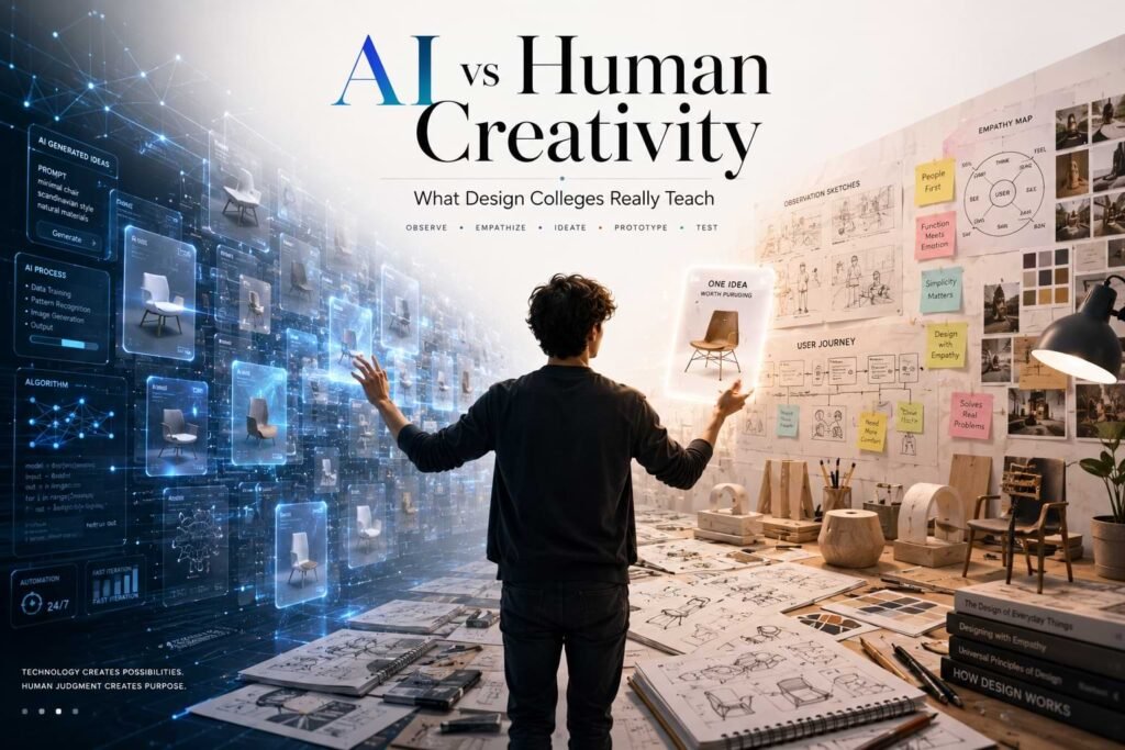 AI vs Human Creativity illustration showing a design student choosing one concept from AI-generated ideas while using sketches, prototypes, research notes, and design thinking in a creative studio.