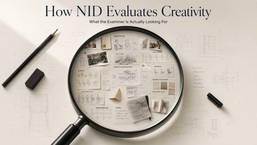 Editorial illustration showing how NID evaluates creativity in the exam through observation, design thinking, sketches, iterations, prototypes, and problem-solving using a magnifying glass concept.