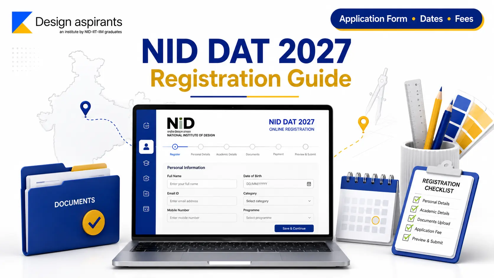 NID DAT 2027 Registration Guide showing the online application form, registration documents, application fee, and official admission portal.