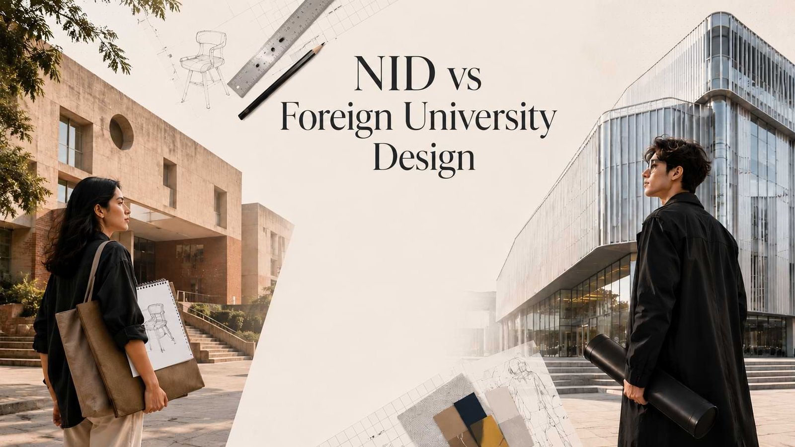 NID vs foreign university design comparison featuring an Indian design institute and an international design university with professional design tools and architectural blueprints.