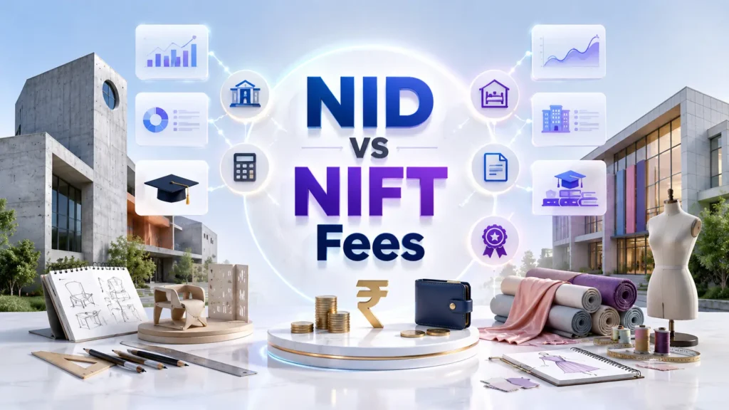 NID vs NIFT Fees comparison 2026 featuring tuition fees, hostel costs, scholarships, and total design college expenses