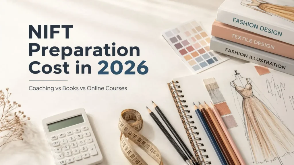 NIFT preparation cost in 2026 showing fashion design books, calculator, measuring tape, sketchbook, and drawing materials for coaching vs books vs online courses comparison.