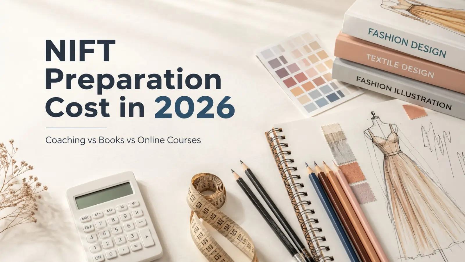 NIFT preparation cost in 2026 showing fashion design books, calculator, measuring tape, sketchbook, and drawing materials for coaching vs books vs online courses comparison.