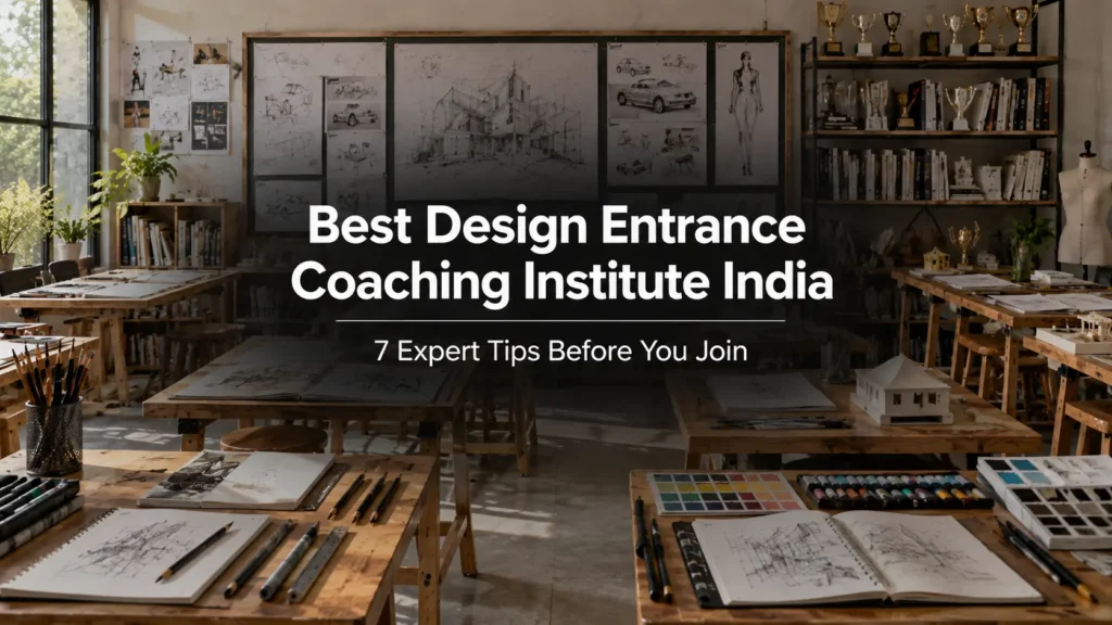 Best Design Entrance Coaching Institute India – premium design entrance coaching classroom with sketch boards, drafting tools, design portfolios, architectural models, and a modern creative studio for NID, NIFT, UCEED, CEED, and B.Arch preparation.